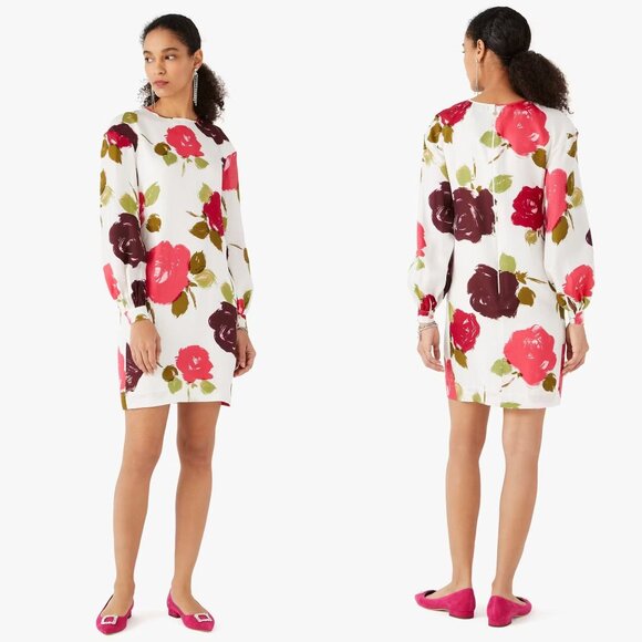 Kate Spade New York Size XXS Red Green Just Rosy Silk Blend Floral Shift Dress - Picture 2 of 16